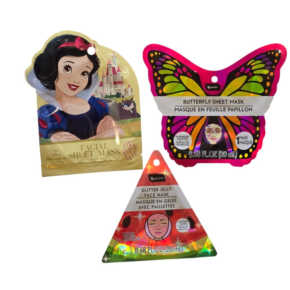 3pc Bundle Lot of Face Sheet Masks Snow White Butterfly Fruit, Character Mask